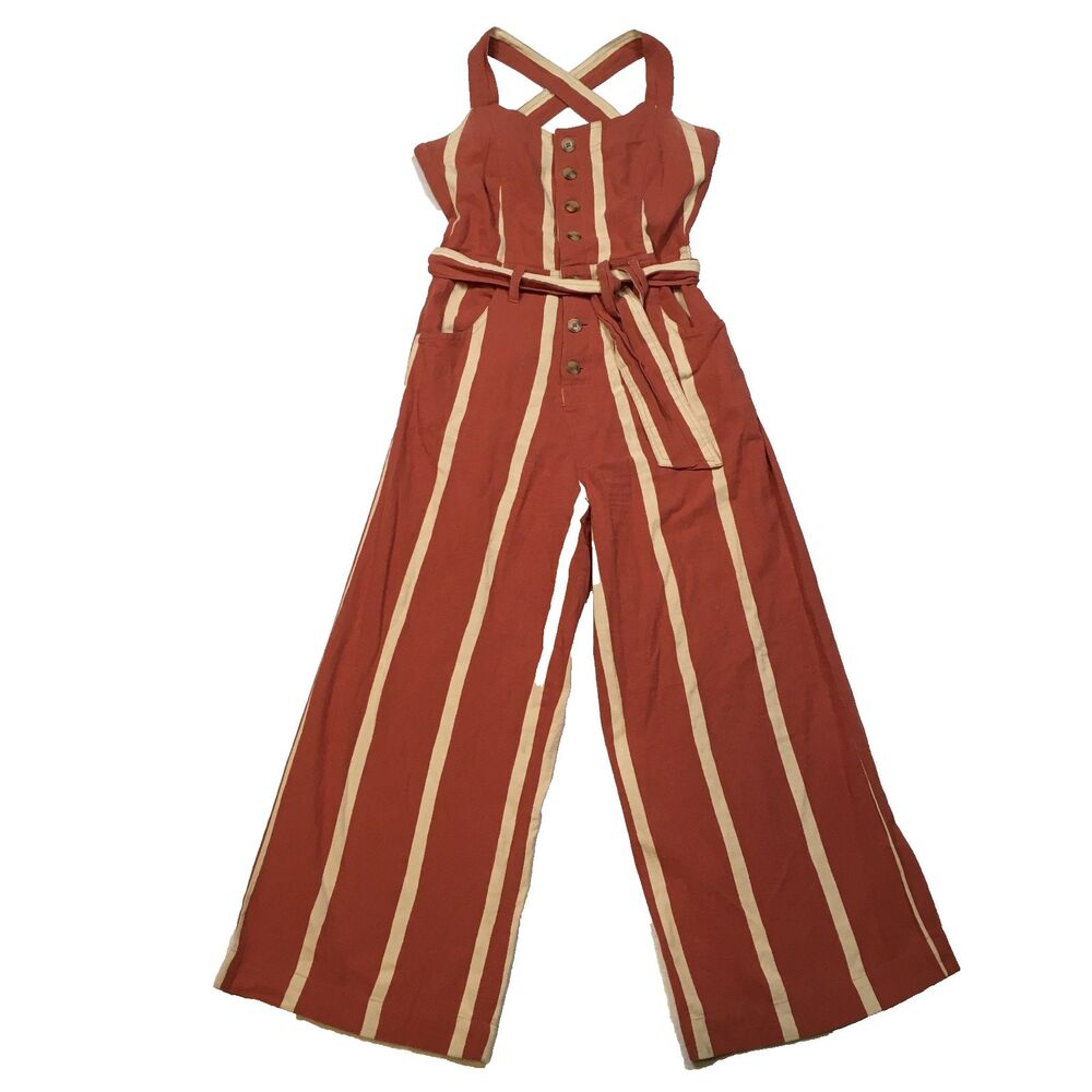 Billabong Womens 8 Sleeveless Linen Jumpsuit Stripe Crossfire Rusty Orange White - Picture 2 of 16